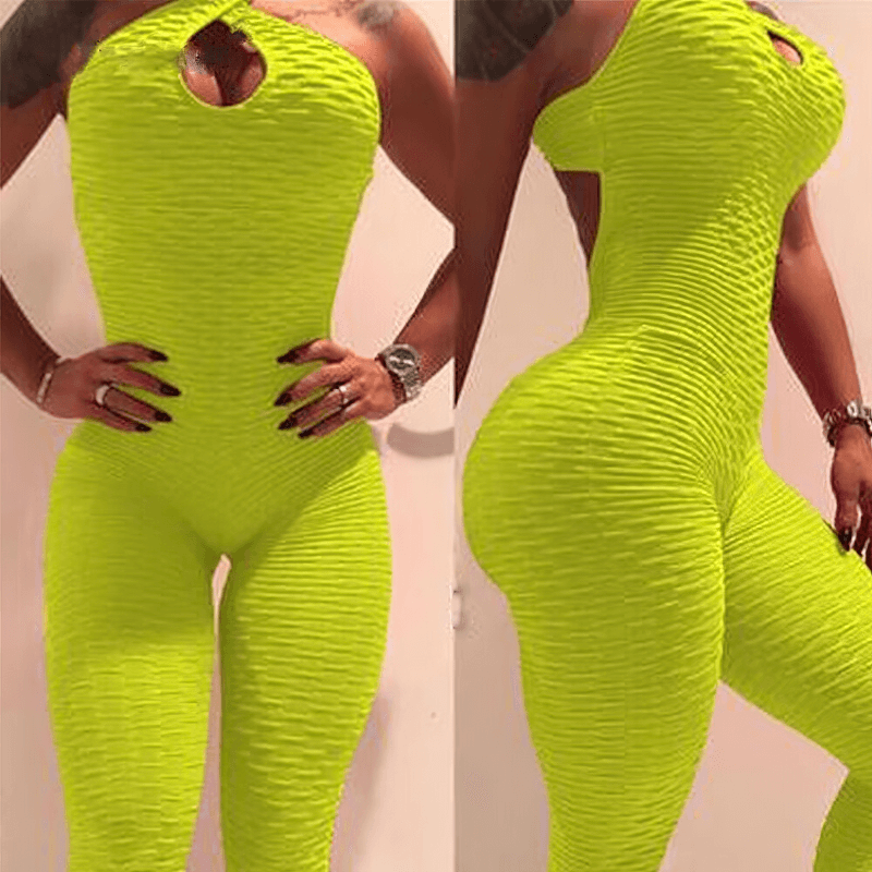 Bright green textured open-back yoga jumpsuit for women, perfect for comfort and flexibility in yoga or fitness routines. Style SF0118.